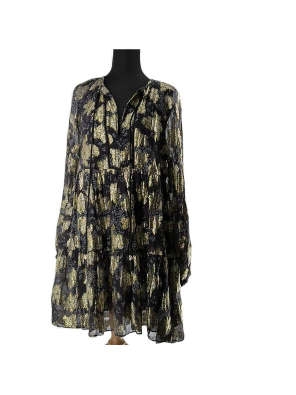 Zara Flounce dress Metallic floral oversized tiered tunic boho festival sz xs